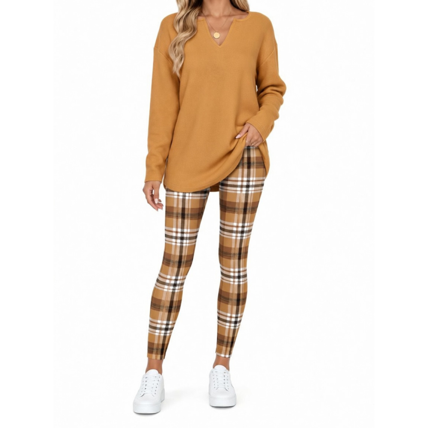 Women's Lounge Set – Long Sleeve Top & Plaid Leggings