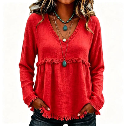 Boho Western Fringe V‑Neck Long Sleeve Blouse, Women Loose Fit Fall Tunic Top