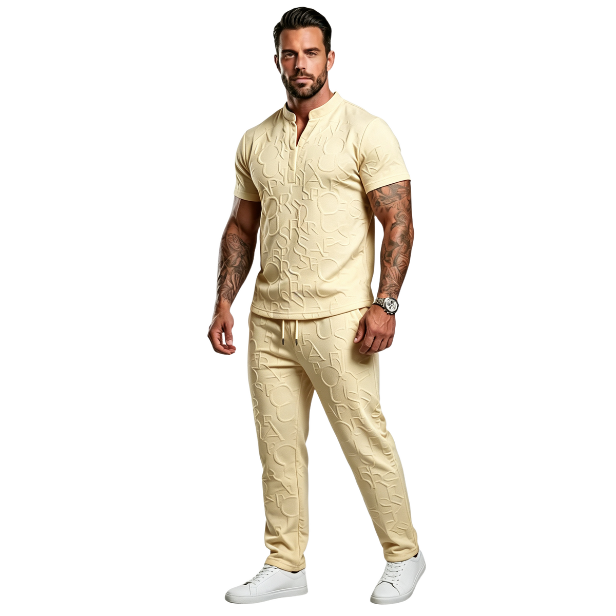 Men's Casual Textured Notched Neck Tee & Regular-Fit Drawstring Trousers