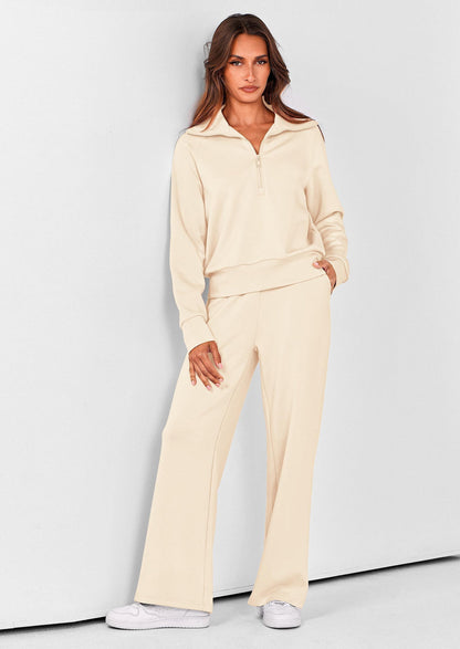 Women's 2 Piece Outfits Casual Lapel Half Zip Sweatshirts And Wide Leg Pants Tracksuit Sets