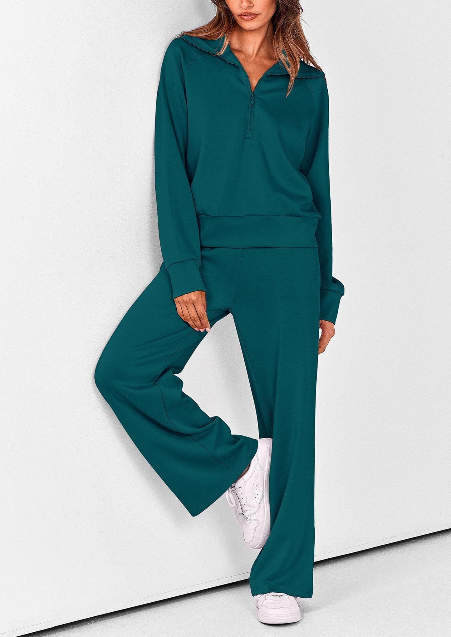 Women's 2 Piece Outfits Casual Lapel Half Zip Sweatshirts And Wide Leg Pants Tracksuit Sets