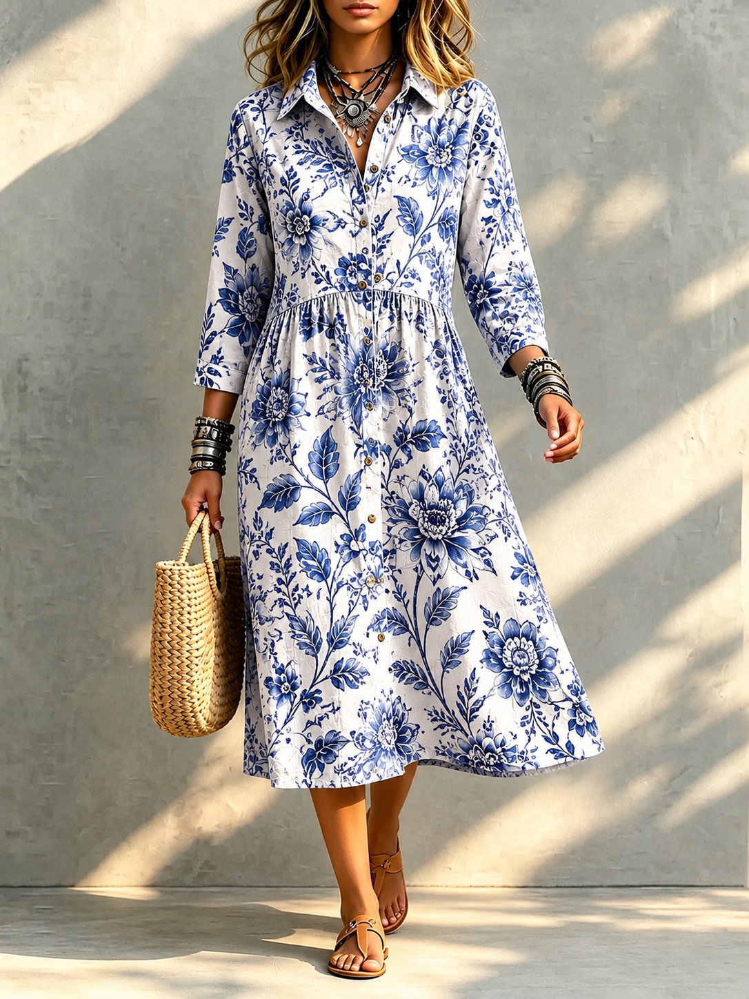 🔥 Santorini Bloom Midi Shirt Dress