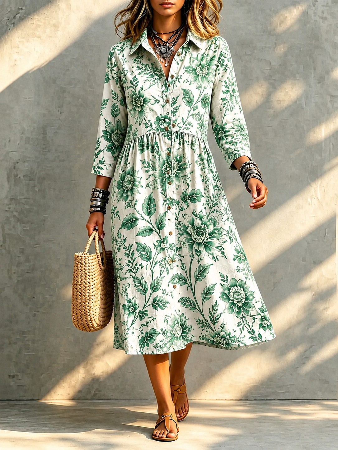 🔥 Santorini Bloom Midi Shirt Dress
