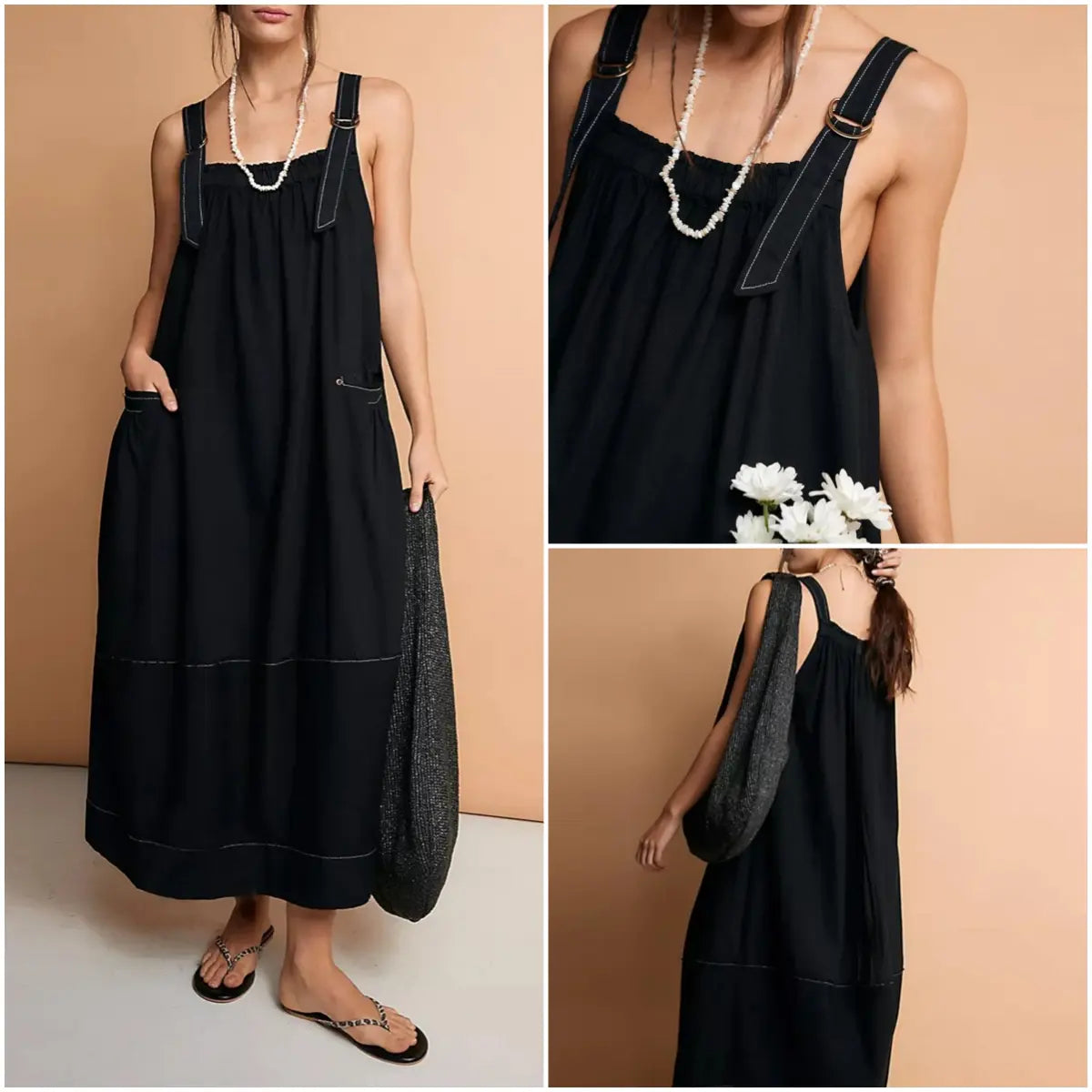 Women's Barrel Midi Dress Sleeveless Strappy Maxi Dress with Big Pockets