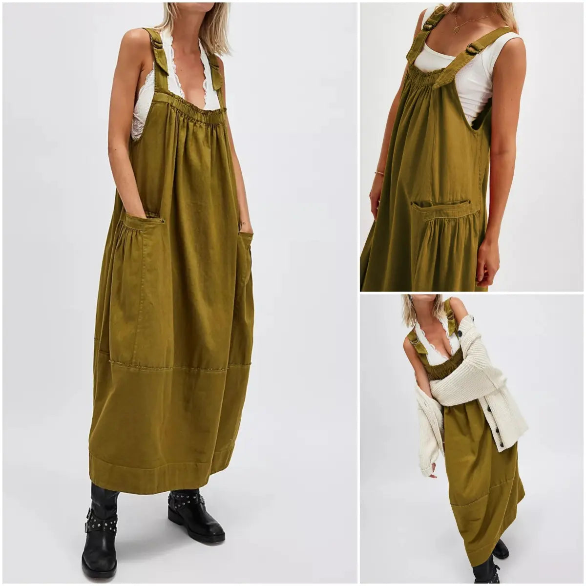 Women's Barrel Midi Dress Sleeveless Strappy Maxi Dress with Big Pockets