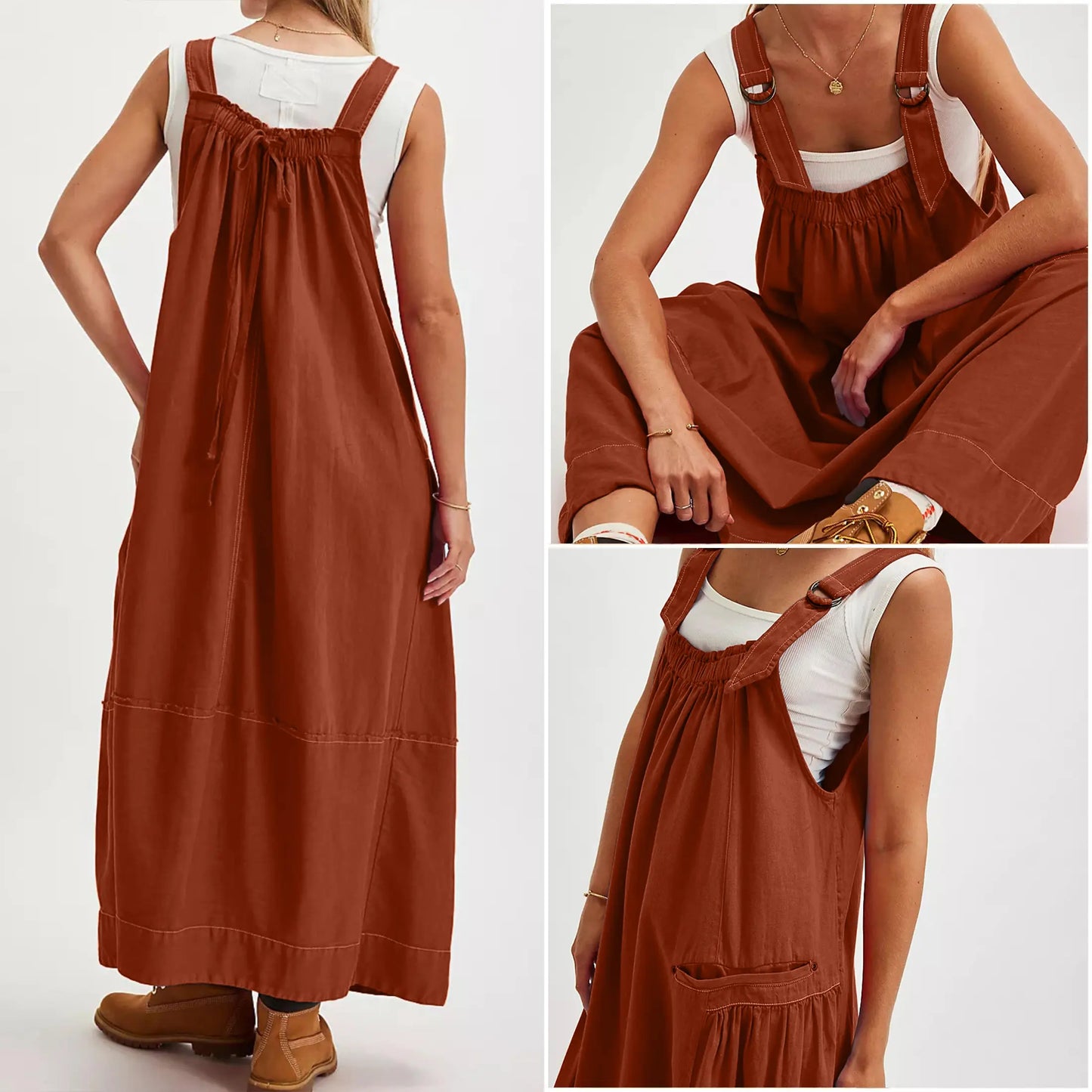 Women's Barrel Midi Dress Sleeveless Strappy Maxi Dress with Big Pockets