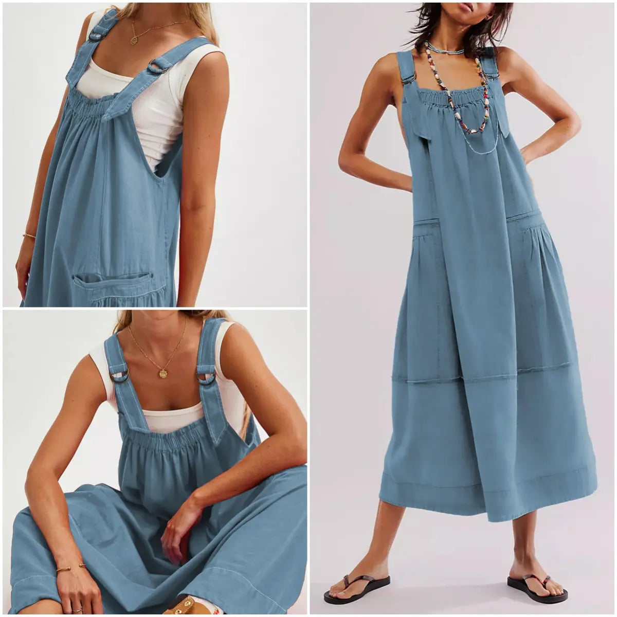 Women's Barrel Midi Dress Sleeveless Strappy Maxi Dress with Big Pockets