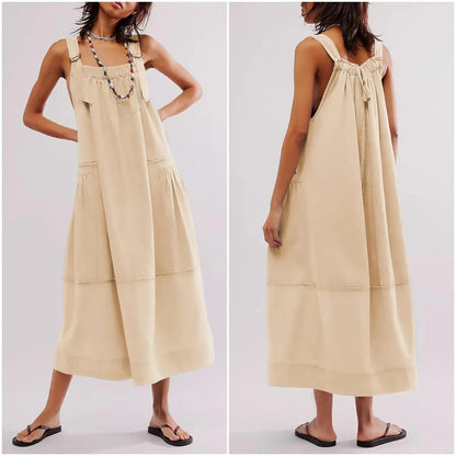 Women's Barrel Midi Dress Sleeveless Strappy Maxi Dress with Big Pockets