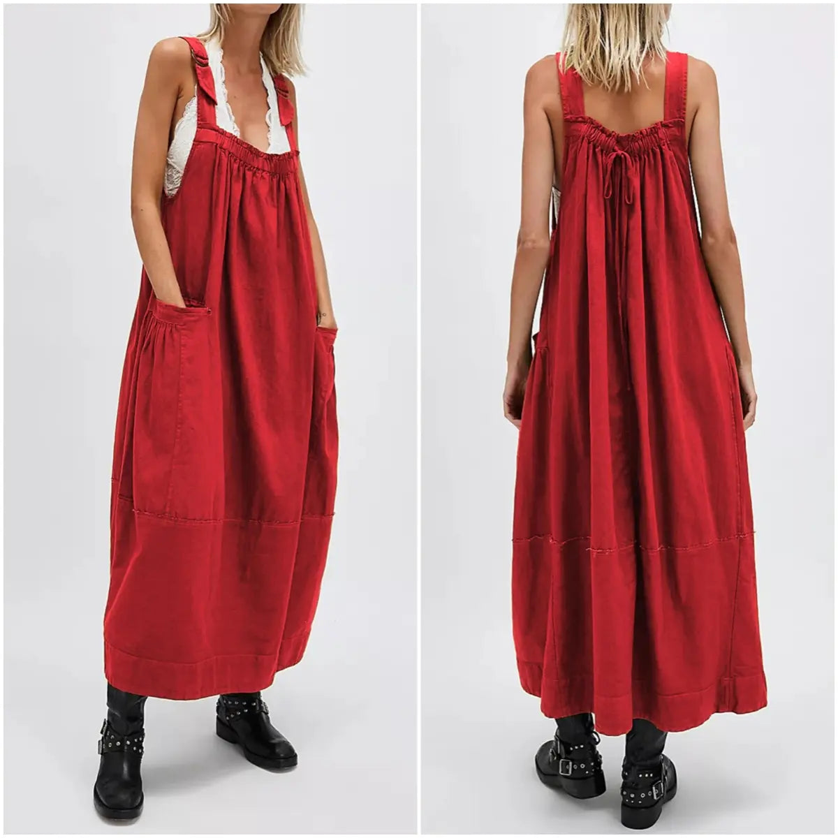 Women's Barrel Midi Dress Sleeveless Strappy Maxi Dress with Big Pockets