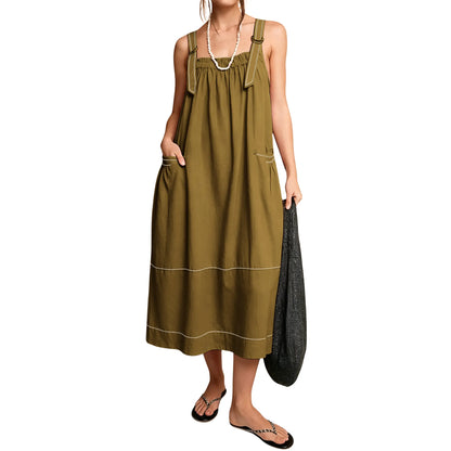 🎉Women's Barrel Midi Dress Sleeveless Strappy Maxi Dress with Big Pockets
