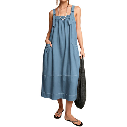 Women's Barrel Midi Dress Sleeveless Strappy Maxi Dress with Big Pockets