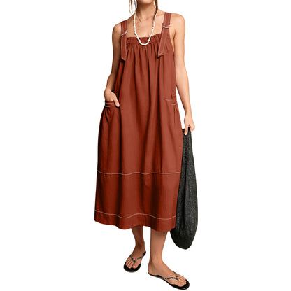 🎉Women's Barrel Midi Dress Sleeveless Strappy Maxi Dress with Big Pockets