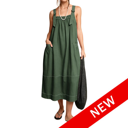 Women's Barrel Midi Dress Sleeveless Strappy Maxi Dress with Big Pockets