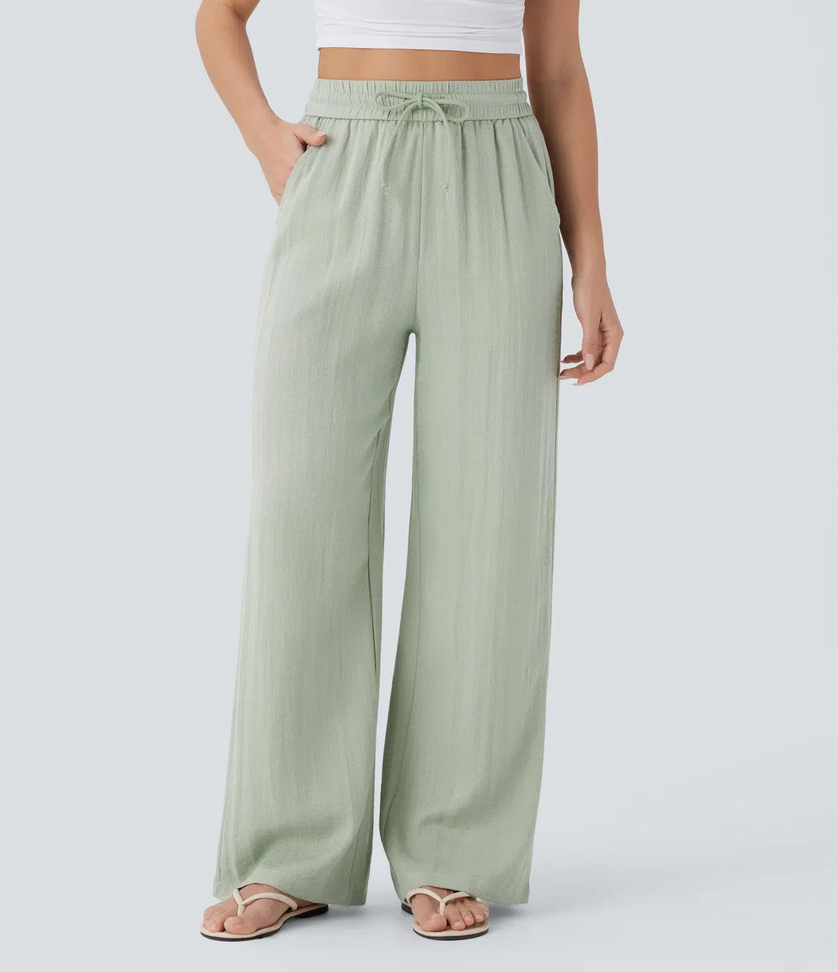 High Waisted Drawstring Pocket Wide Leg Baggy Casual Linen-Feel Pants