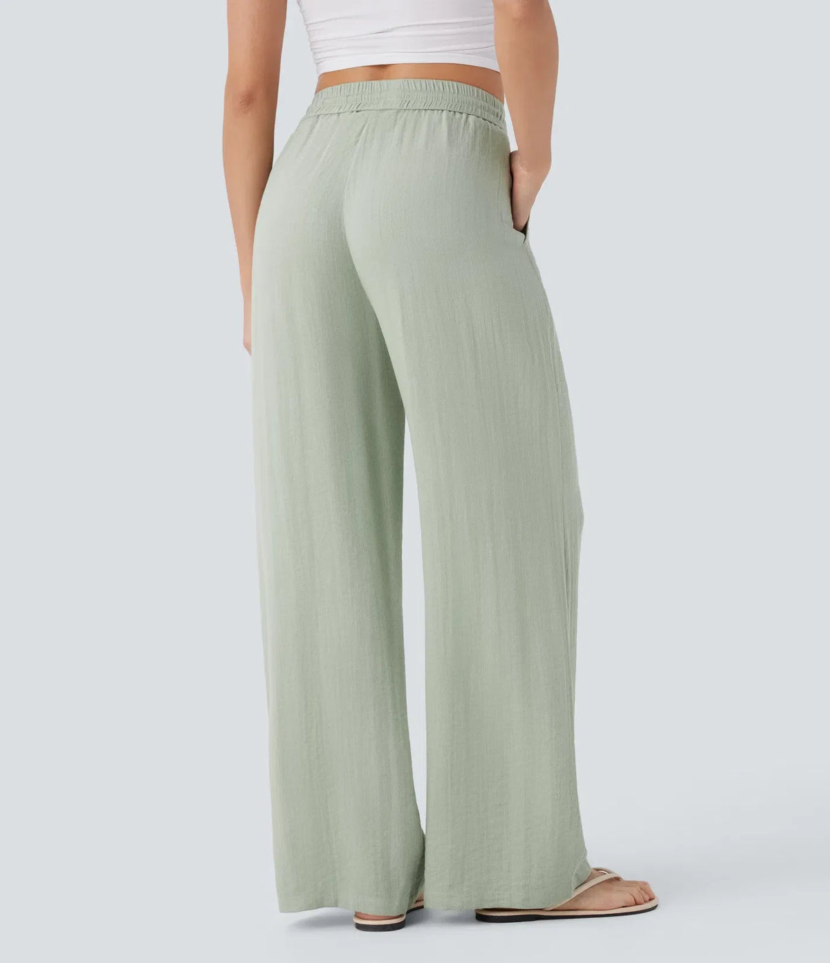 High Waisted Drawstring Pocket Wide Leg Baggy Casual Linen-Feel Pants