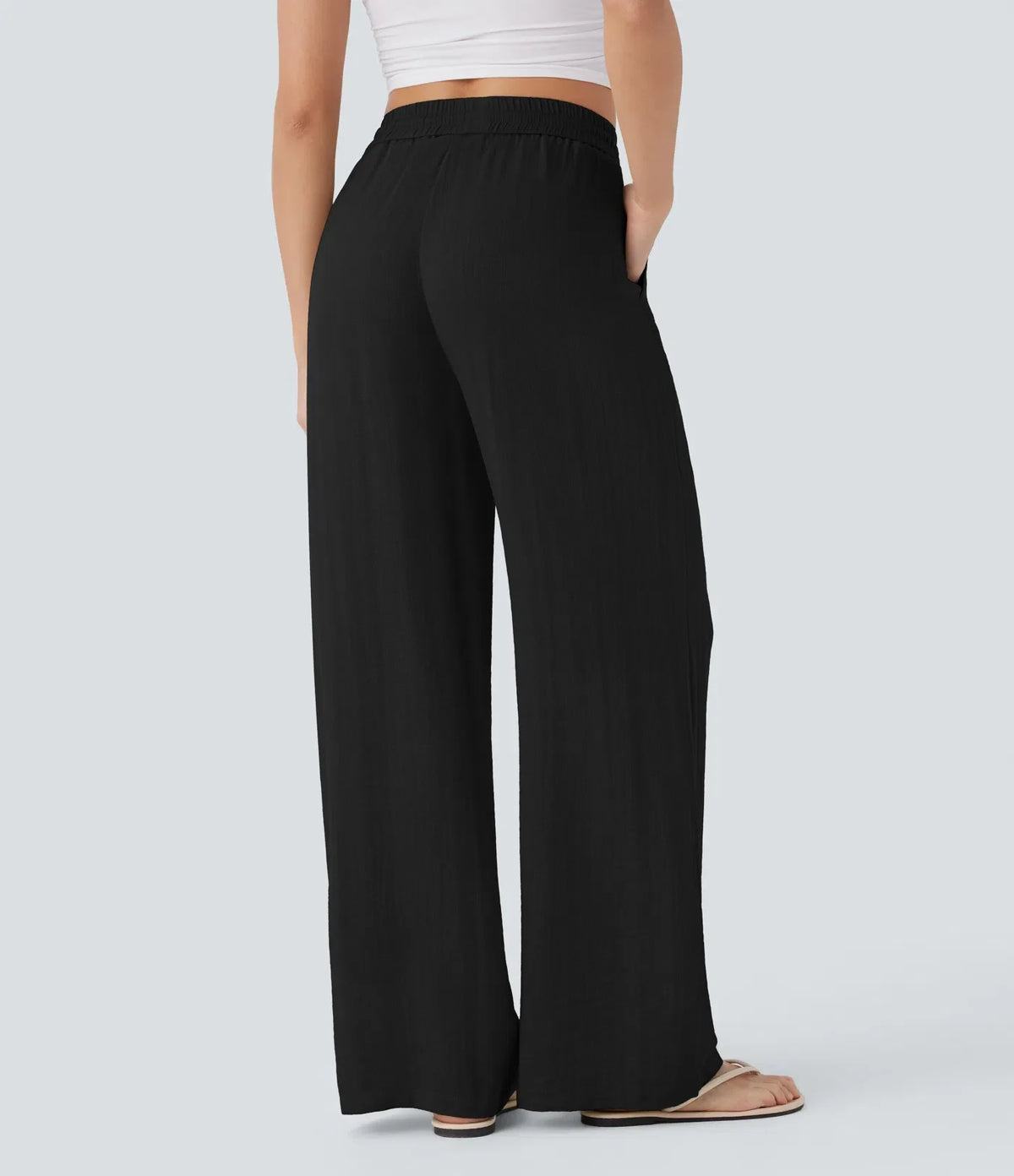 High Waisted Drawstring Pocket Wide Leg Baggy Casual Linen-Feel Pants