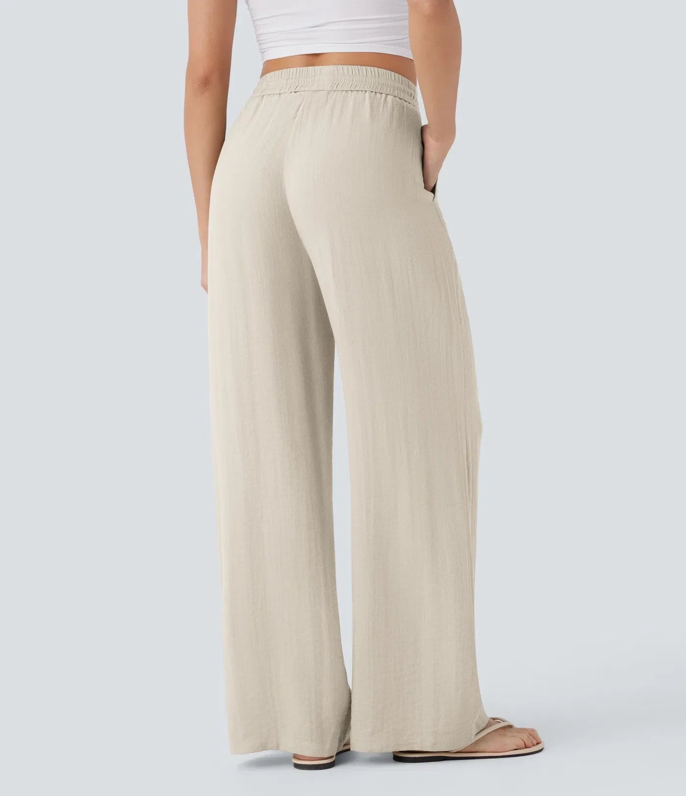 High Waisted Drawstring Pocket Wide Leg Baggy Casual Linen-Feel Pants