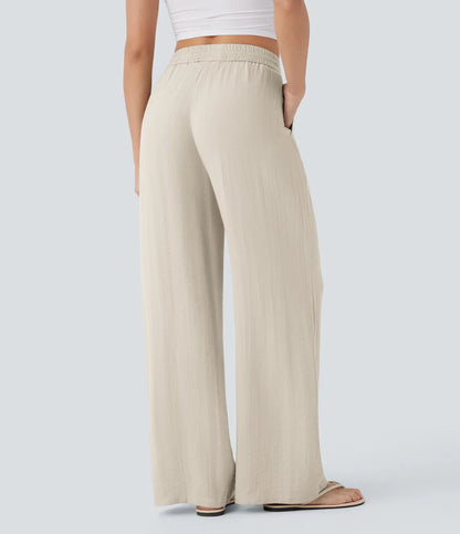 High Waisted Drawstring Pocket Wide Leg Baggy Casual Linen-Feel Pants