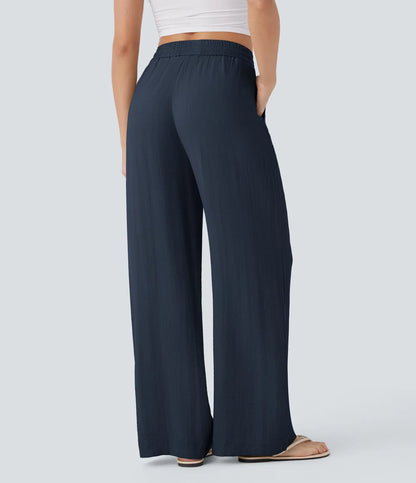 High Waisted Drawstring Pocket Wide Leg Baggy Casual Linen-Feel Pants