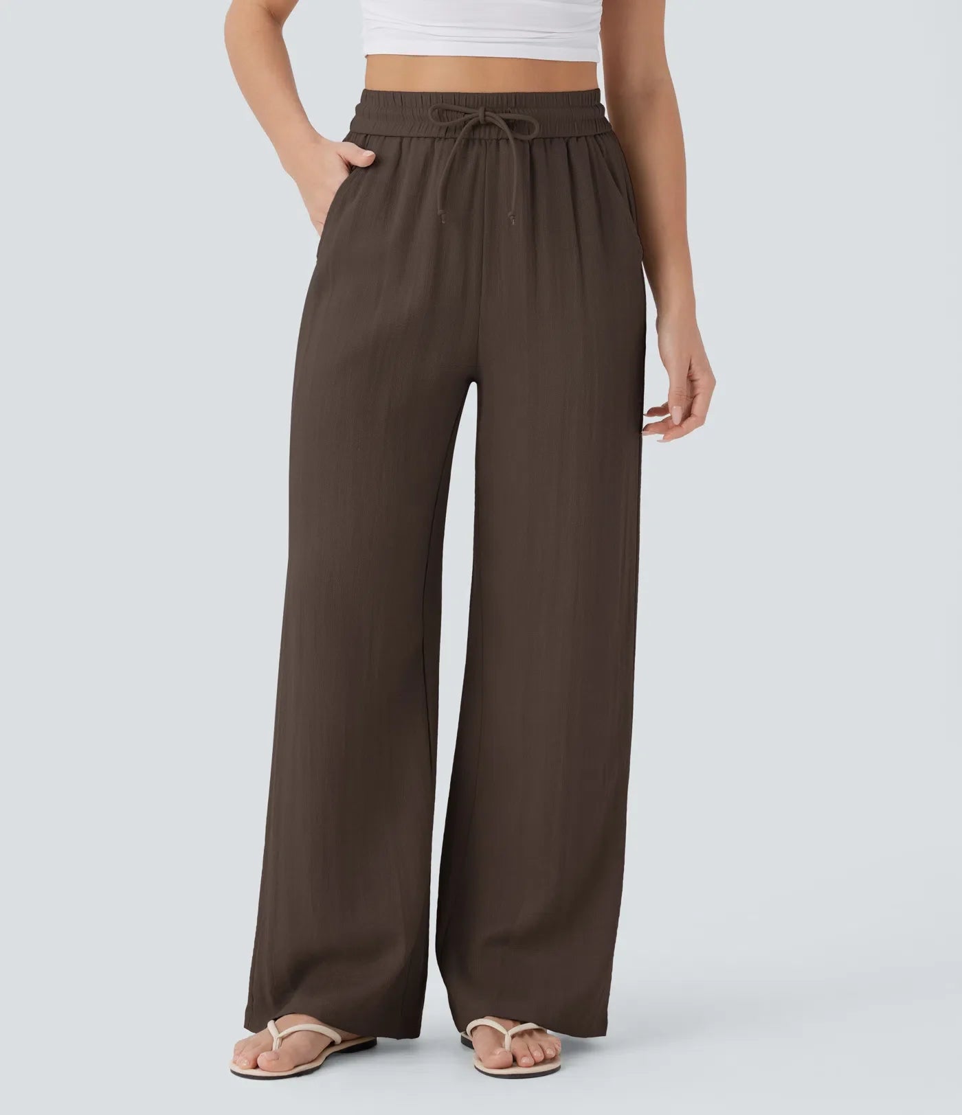 High Waisted Drawstring Pocket Wide Leg Baggy Casual Linen-Feel Pants