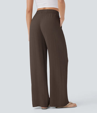 High Waisted Drawstring Pocket Wide Leg Baggy Casual Linen-Feel Pants