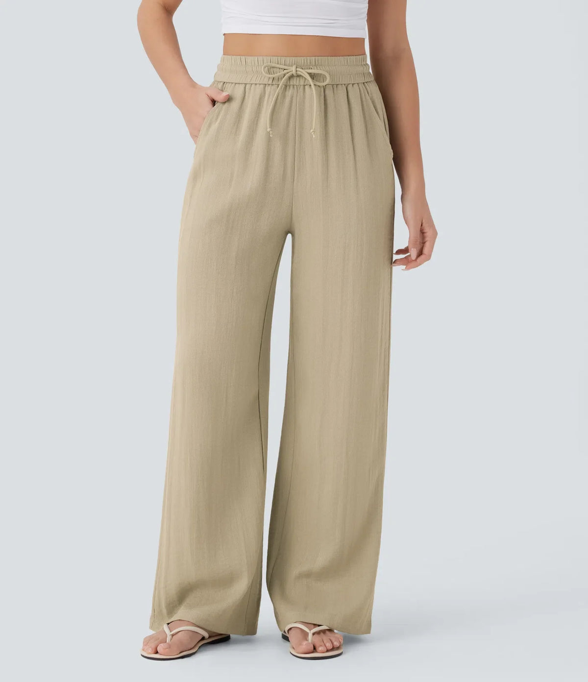 High Waisted Drawstring Pocket Wide Leg Baggy Casual Linen-Feel Pants
