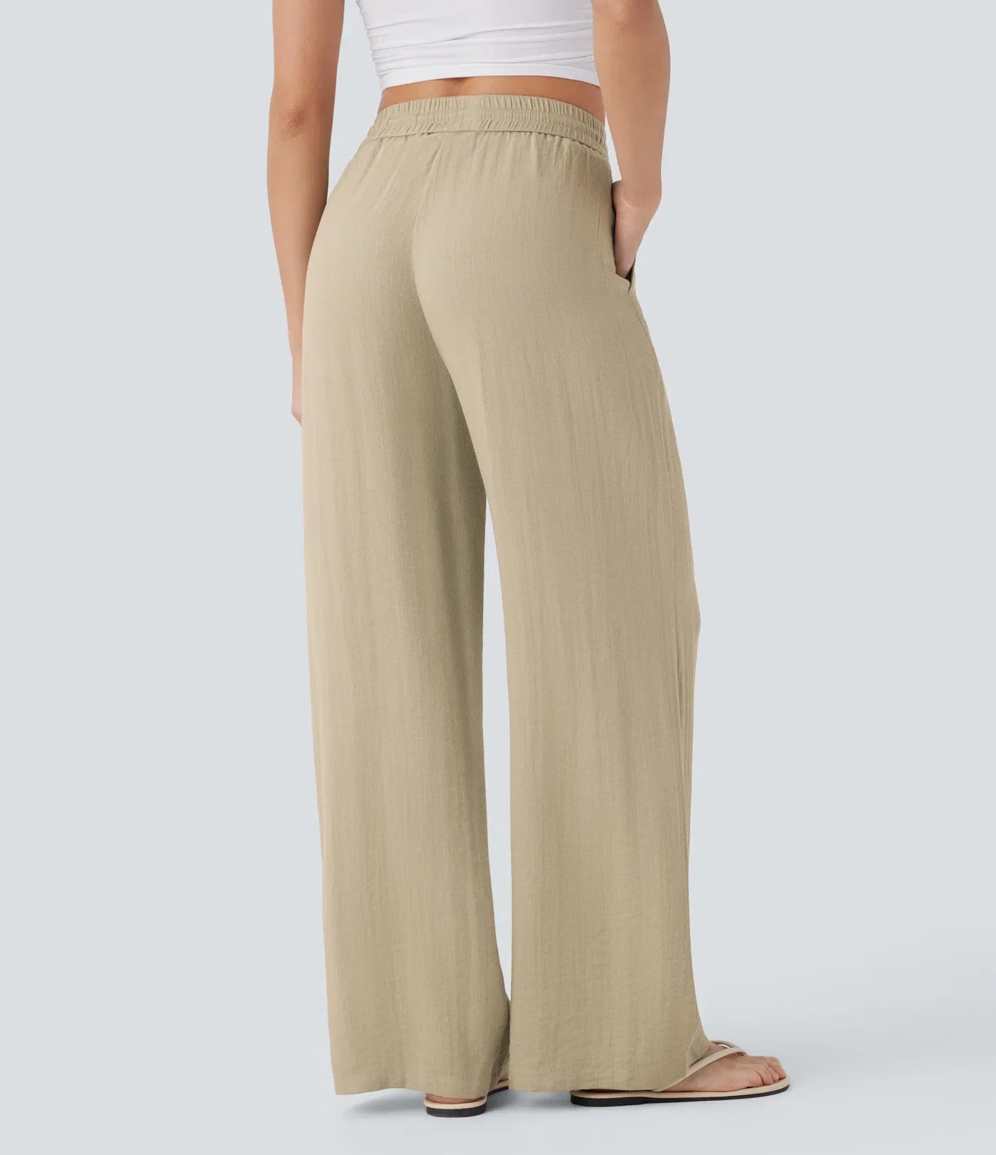 High Waisted Drawstring Pocket Wide Leg Baggy Casual Linen-Feel Pants