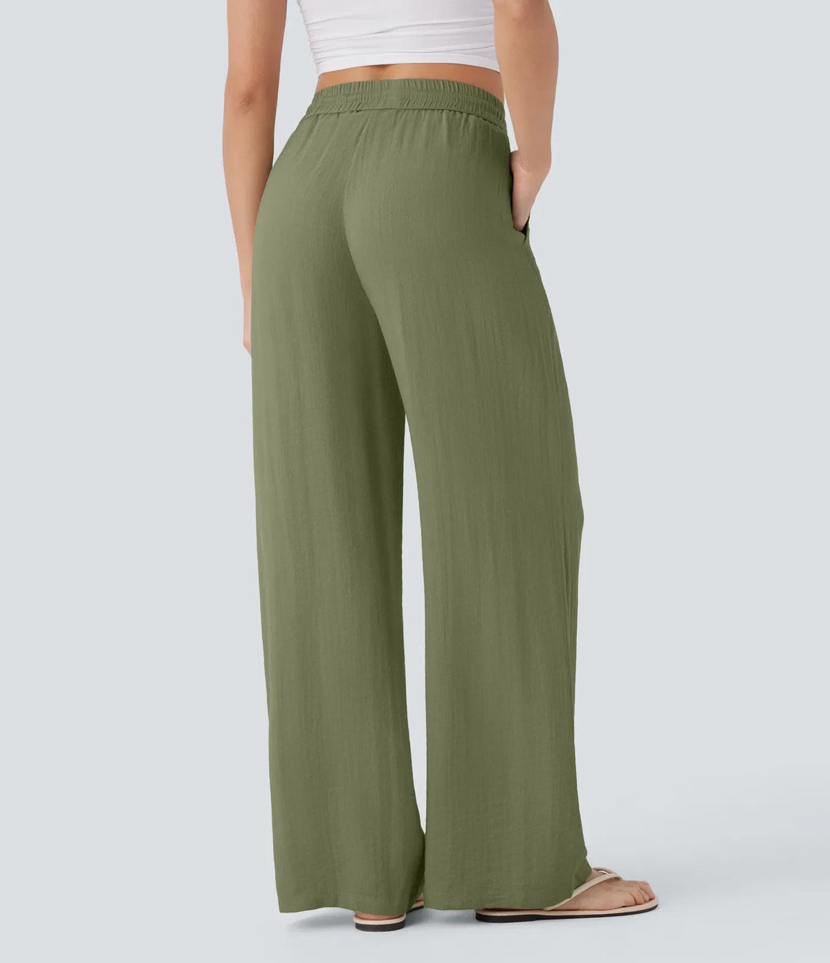 High Waisted Drawstring Pocket Wide Leg Baggy Casual Linen-Feel Pants