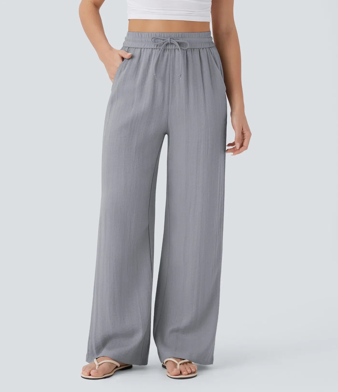 High Waisted Drawstring Pocket Wide Leg Baggy Casual Linen-Feel Pants