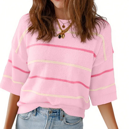 Women's Striped Knit Round Neck Shortsleeve Baggy Pullover