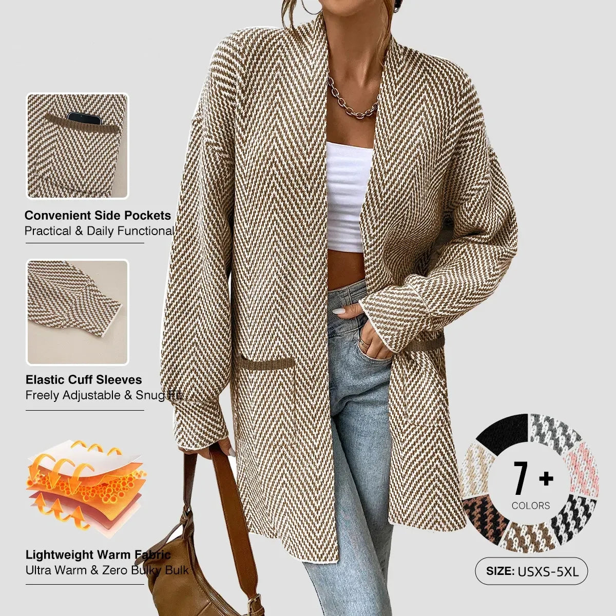 Women's Open Front Herringbone Cardigan Sweaters