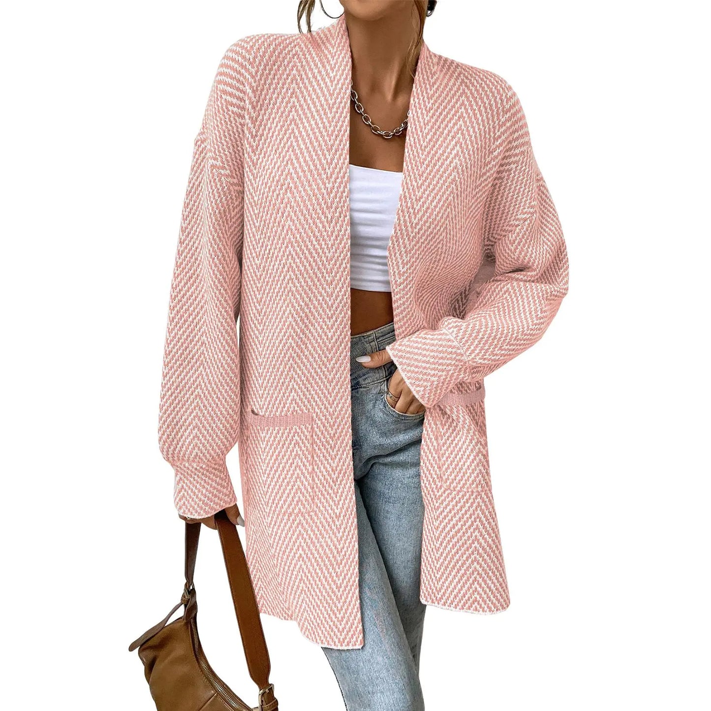 Women's Open Front Herringbone Cardigan Sweaters