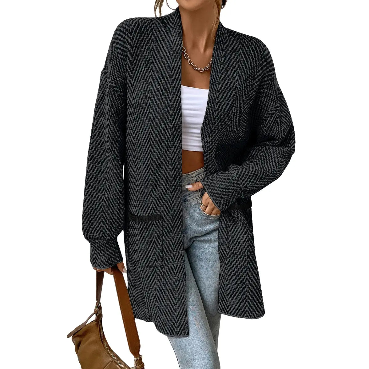 Women's Open Front Herringbone Cardigan Sweaters