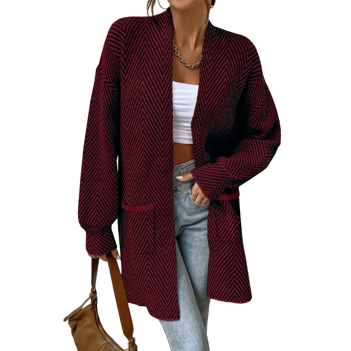 Women's Open Front Herringbone Cardigan Sweaters