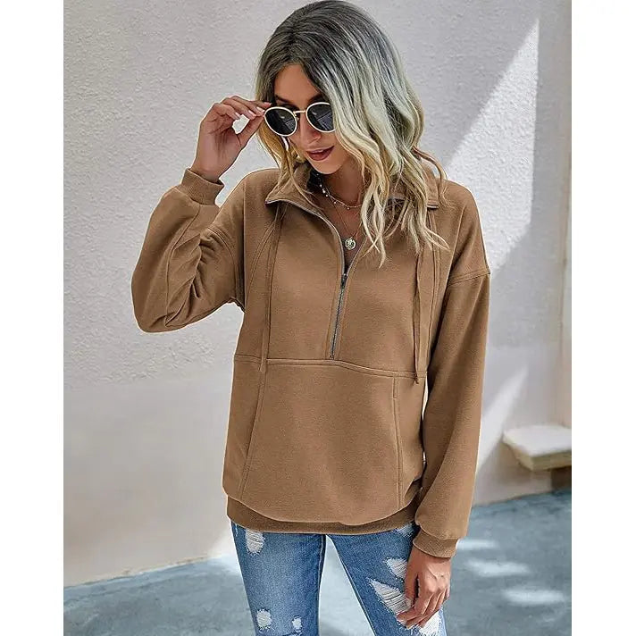 Women's Casual Long Sleeve Lapel Zipper Sweatshirt Drawstring Loose Pullover Tops Fall Sweater
