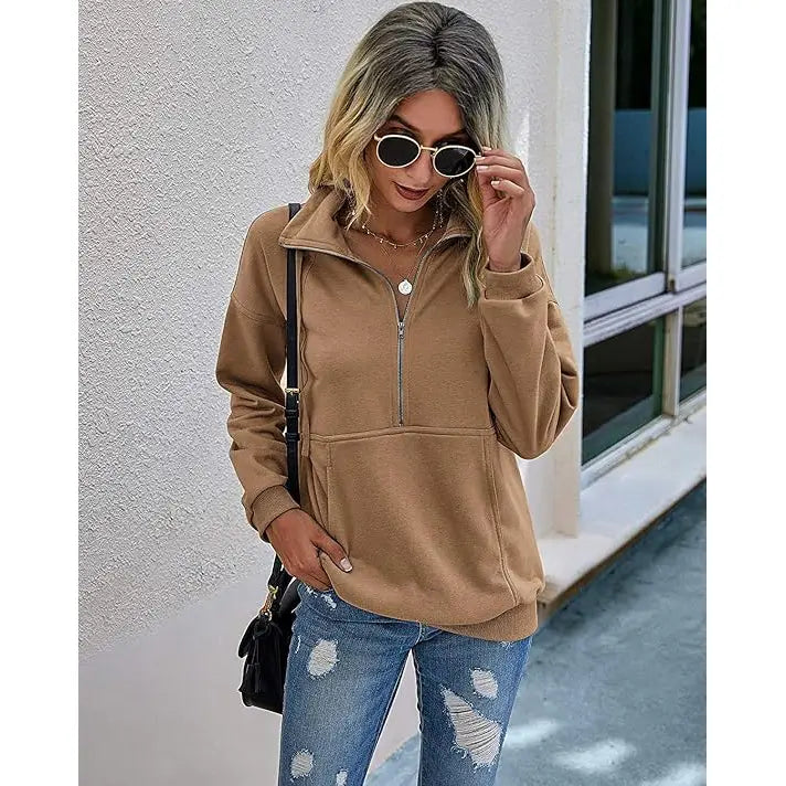 Women's Casual Long Sleeve Lapel Zipper Sweatshirt Drawstring Loose Pullover Tops Fall Sweater