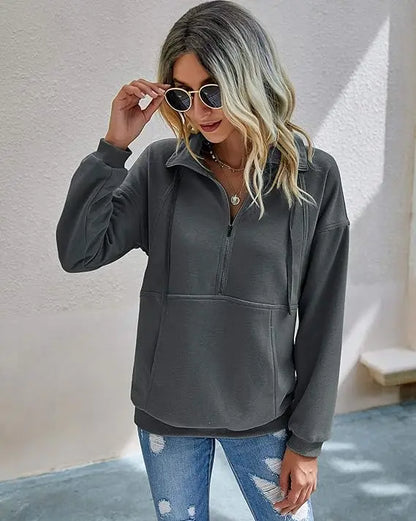 Women's Casual Long Sleeve Lapel Zipper Sweatshirt Drawstring Loose Pullover Tops Fall Sweater