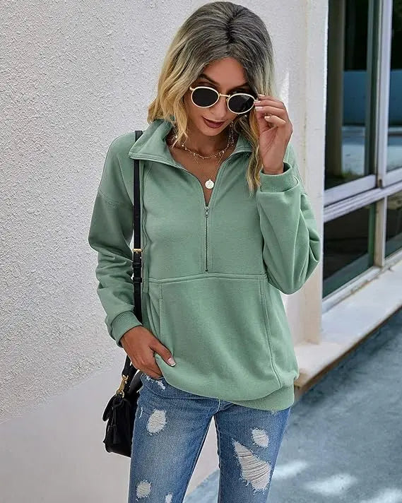 Women's Casual Long Sleeve Lapel Zipper Sweatshirt Drawstring Loose Pullover Tops Fall Sweater