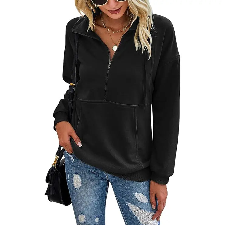 Women's Casual Long Sleeve Lapel Zipper Sweatshirt Drawstring Loose Pullover Tops Fall Sweater