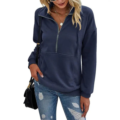 Women's Casual Long Sleeve Lapel Zipper Sweatshirt Drawstring Loose Pullover Tops Fall Sweater
