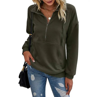 Women's Casual Long Sleeve Lapel Zipper Sweatshirt Drawstring Loose Pullover Tops Fall Sweater