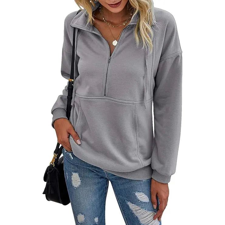 Women's Casual Long Sleeve Lapel Zipper Sweatshirt Drawstring Loose Pullover Tops Fall Sweater