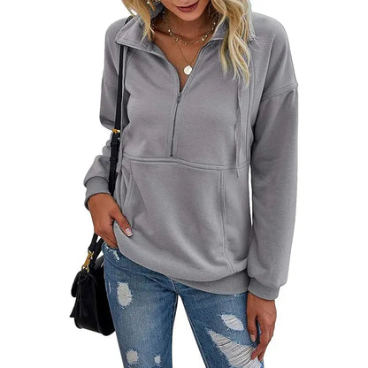 Women's Casual Long Sleeve Lapel Zipper Sweatshirt Drawstring Loose Pullover Tops Fall Sweater