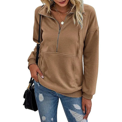 Women's Casual Long Sleeve Lapel Zipper Sweatshirt Drawstring Loose Pullover Tops Fall Sweater