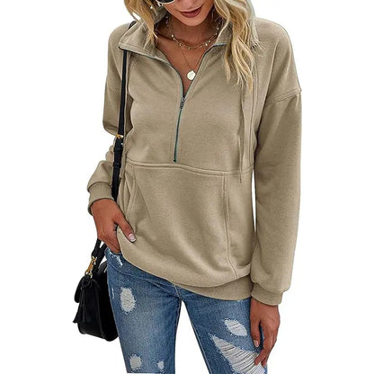 Women's Casual Long Sleeve Lapel Zipper Sweatshirt Drawstring Loose Pullover Tops Fall Sweater