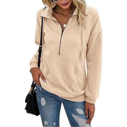 Women's Casual Long Sleeve Lapel Zipper Sweatshirt Drawstring Loose Pullover Tops Fall Sweater