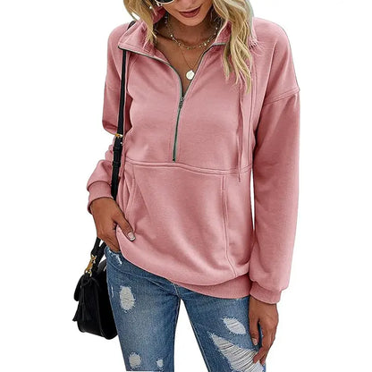 Women's Casual Long Sleeve Lapel Zipper Sweatshirt Drawstring Loose Pullover Tops Fall Sweater