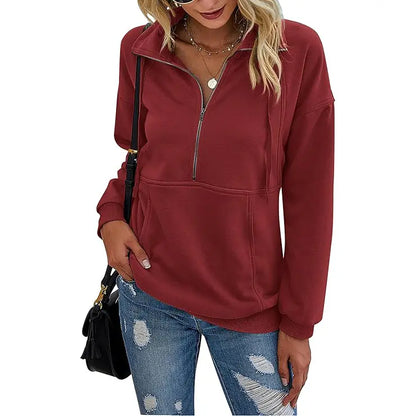 Women's Casual Long Sleeve Lapel Zipper Sweatshirt Drawstring Loose Pullover Tops Fall Sweater