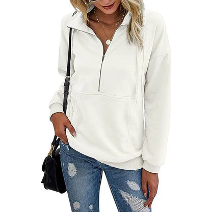 Women's Casual Long Sleeve Lapel Zipper Sweatshirt Drawstring Loose Pullover Tops Fall Sweater