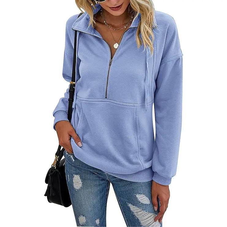 Women's Casual Long Sleeve Lapel Zipper Sweatshirt Drawstring Loose Pullover Tops Fall Sweater
